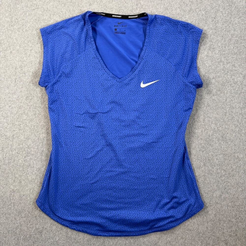 Nike Court Dri-Fit Tennis Top Women's Small Blue V-Neck Cap Sleeve Activewear